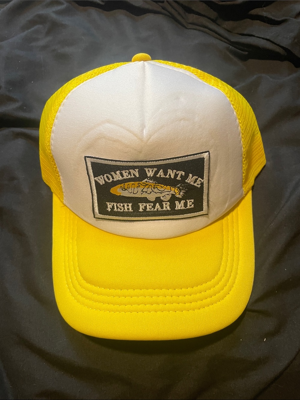 Yellow & White Fishing Trucker Hat with Fish Patch